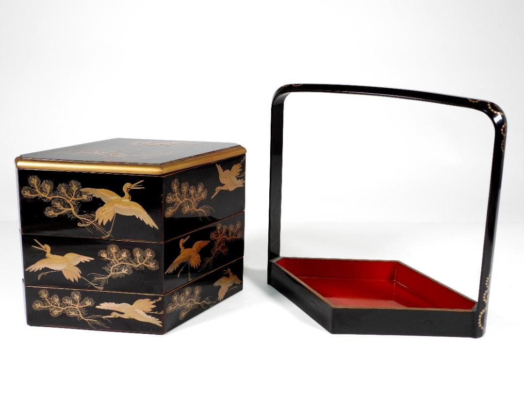 能登輪島塗 豪華金彩蒔絵 三重提箱 木製漆器 『坂井』 蒔絵飛鶴図