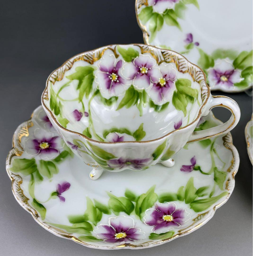 美品】オールドノリタケ パンジー紋 ティーカップ2組 ビオラ 三つ脚 猫足