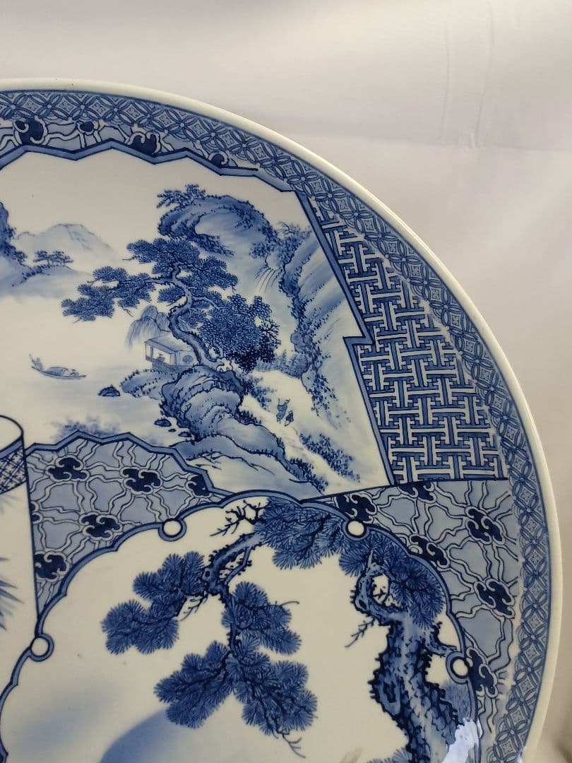 有田焼 間取鯉鶴山水 尺8大皿 忠峰作 2尺皿 大きな飾り皿 皿立て 額