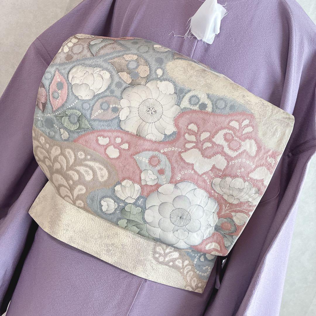 色無地 フルセット 着物 正絹 辻ヶ花の帯 しつけ糸つき ロング丈 紫 J9