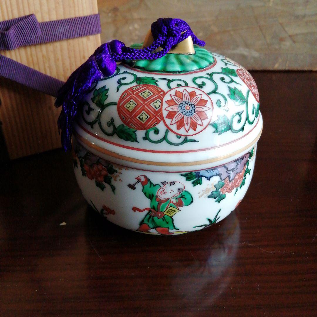 渋草焼 芳国舎 赤絵唐子紋陶鈴 11cm