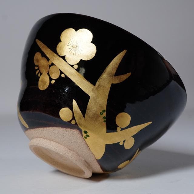 膳所焼 金彩梅茶碗 共箱 岩崎新定 淡海陽炎園 茶道具 抹茶碗