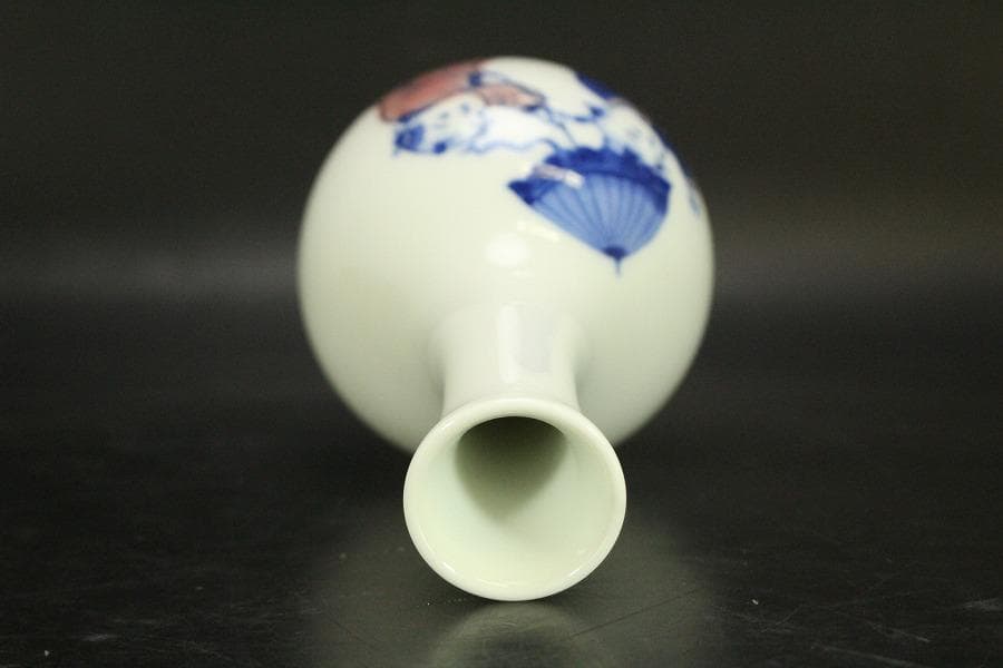 中国美術 台湾 暁芳窯 蔡暁窯 釉裏紅 青花 唐子紋 瓶 台付(A967)