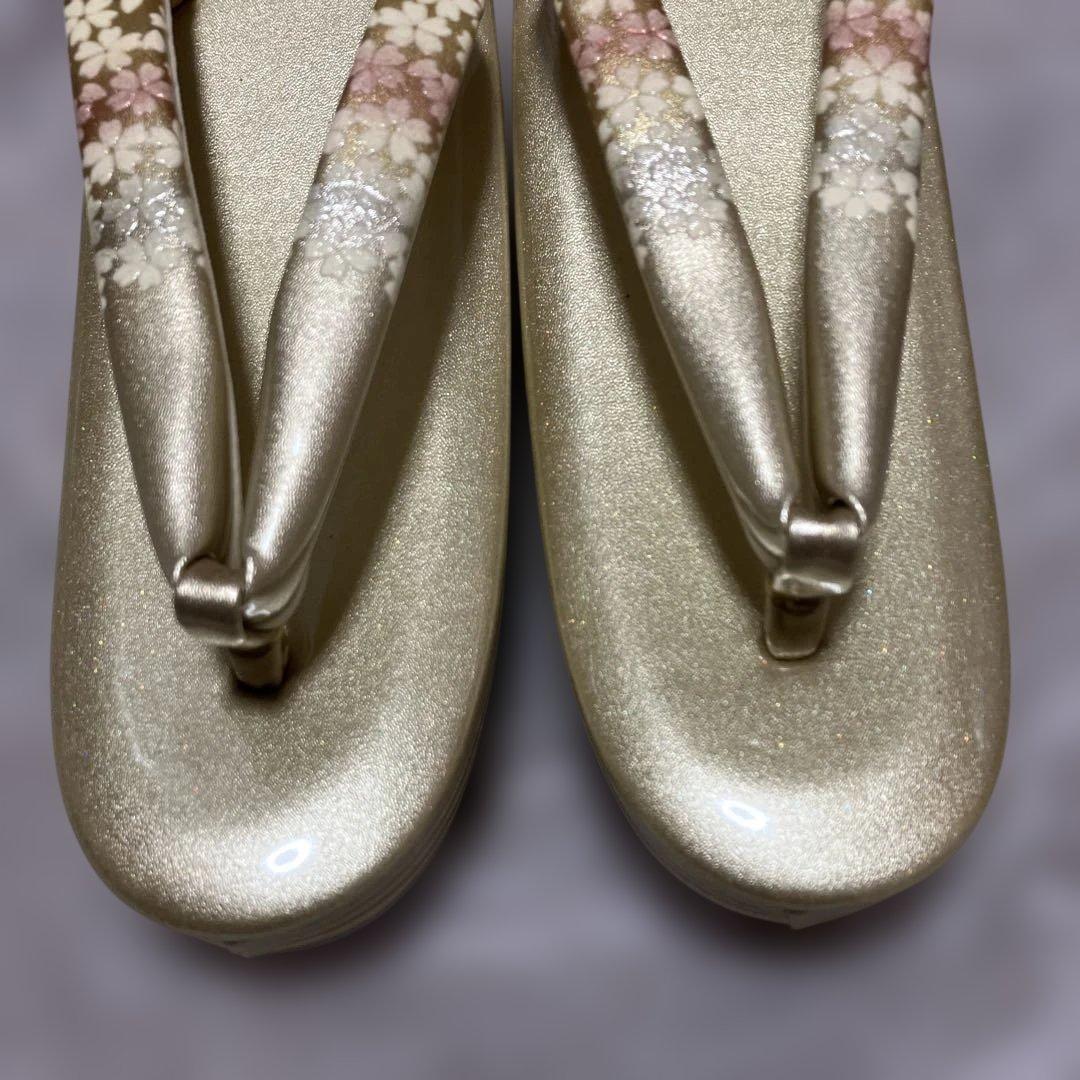 桜の花柄 和装用バッグ 草履セット　金色