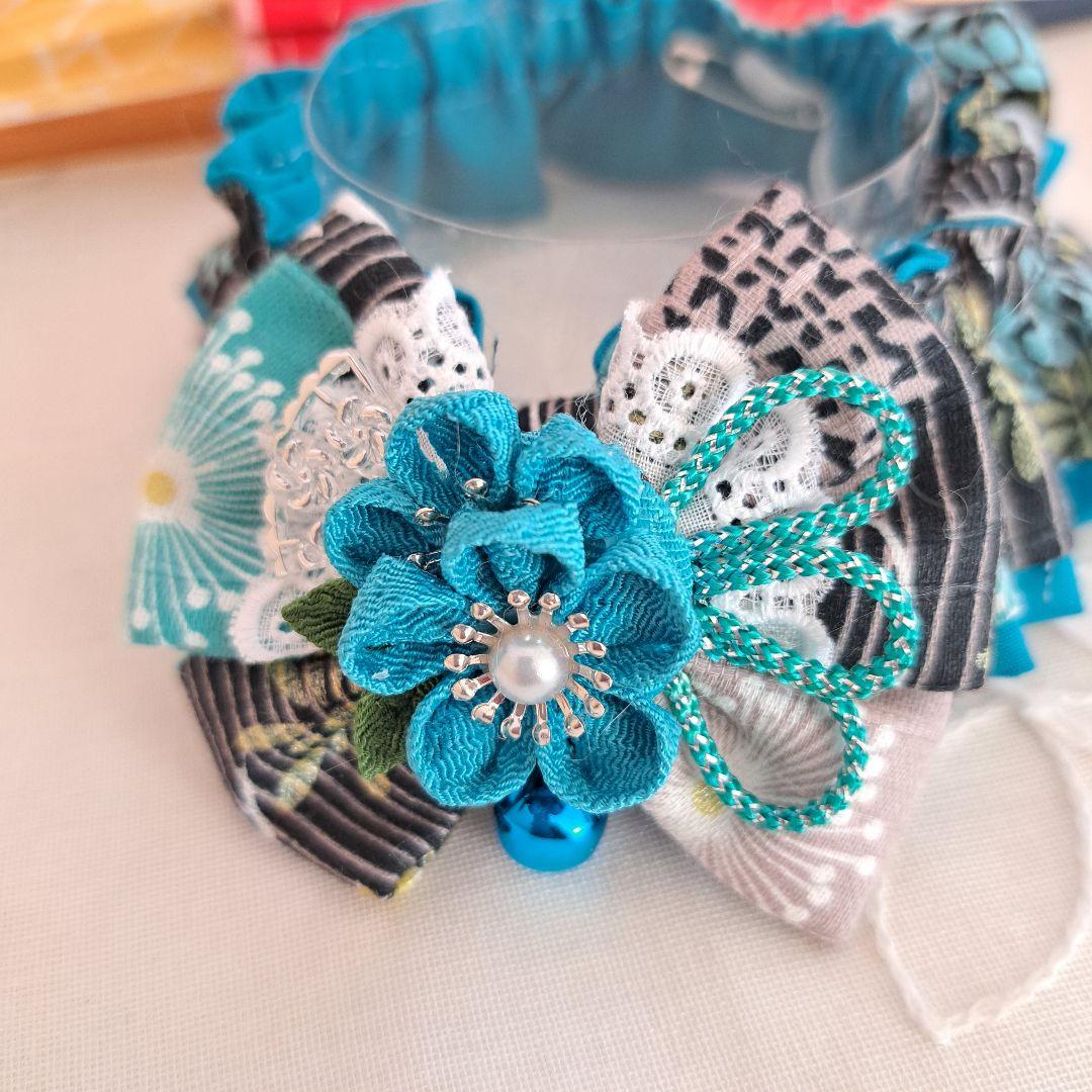 短毛シュシュ和風つまみ細工(黒×エメラルド)わんちゃん猫ちゃん用 短毛