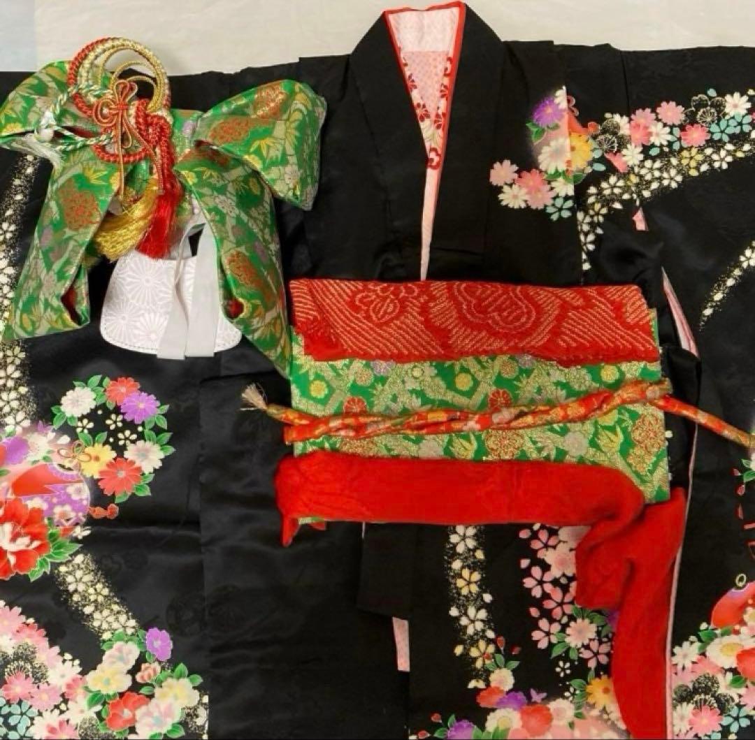 七五三 7歳 正絹着物 作り帯 バッグ草履小物セット子供 キッズ 女の子