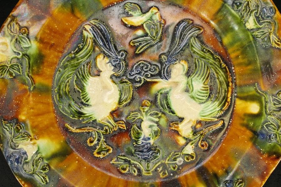 中国美術 唐三彩 双鳳紋 三足 盤 φ31cm 希少(LC247)