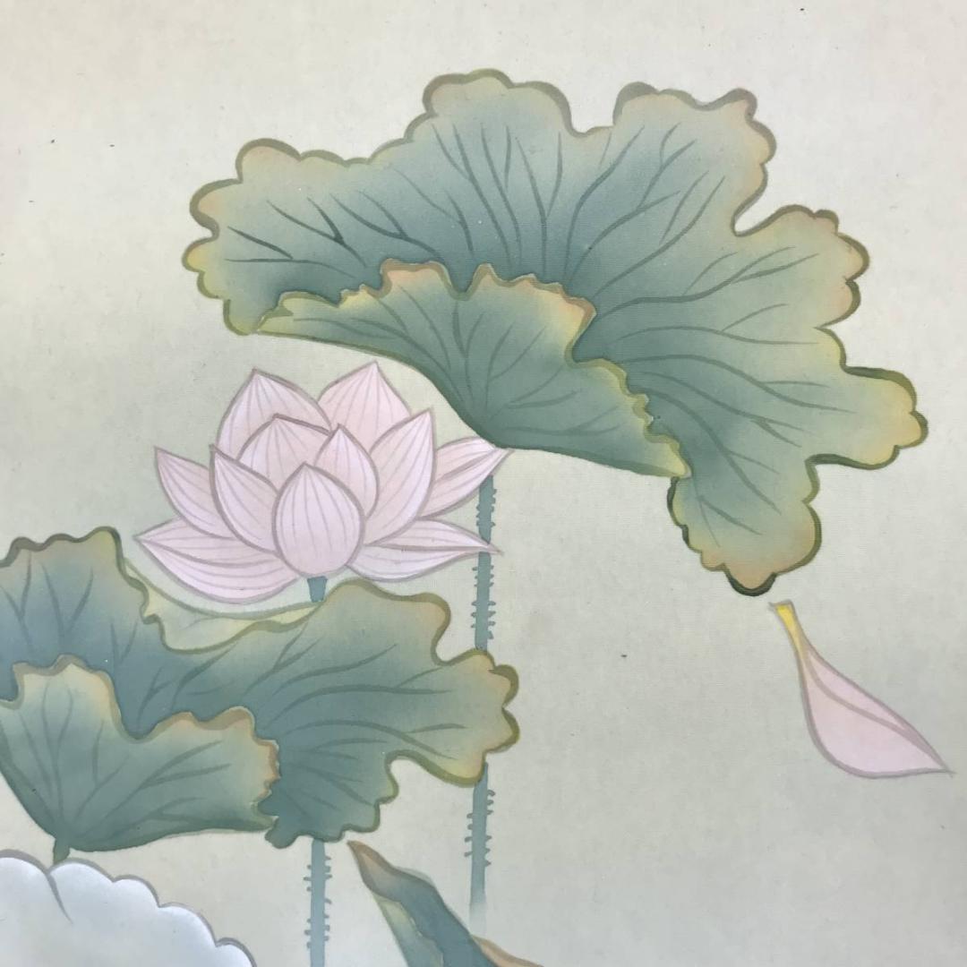 真作】園田秀園/聖蓮花図/蓮図/ハス図/掛軸☆宝船☆