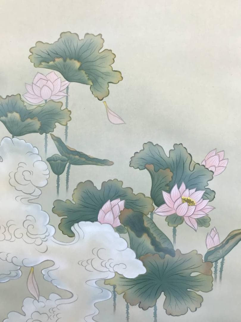 真作】園田秀園/聖蓮花図/蓮図/ハス図/掛軸☆宝船☆