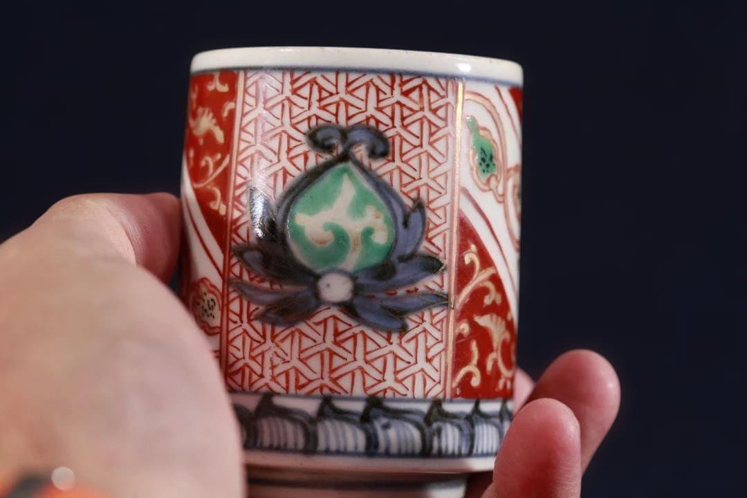 446　古伊万里色絵モダン文様コップ型蕎麦猪口　江戸中期　無傷美品
