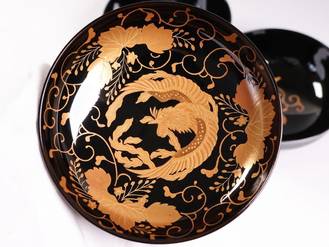 MB193】天然木漆塗 鳳凰桐唐草 金蒔絵 黒塗 吸物椀 二客 大正昭和