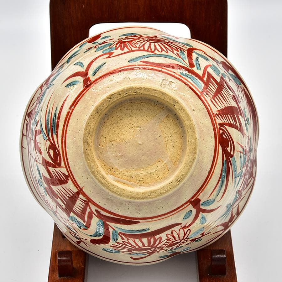 未使用 呉須赤絵輪花 菓子鉢 花鳥図 京 晴香在銘 茶道具 菓子