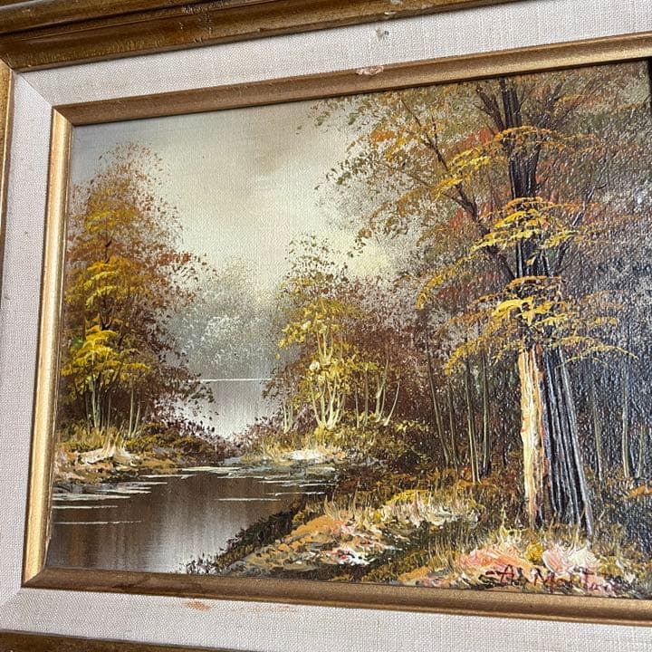 アンティーク絵画　油彩　アメリカ　森林と川　風景画　Antique　ヴィンテージ