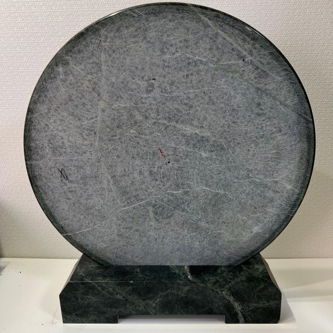 【高級美術品】大理石 影彫り 円形 石板画／白虎図 巨大サイズ 銘・台座付