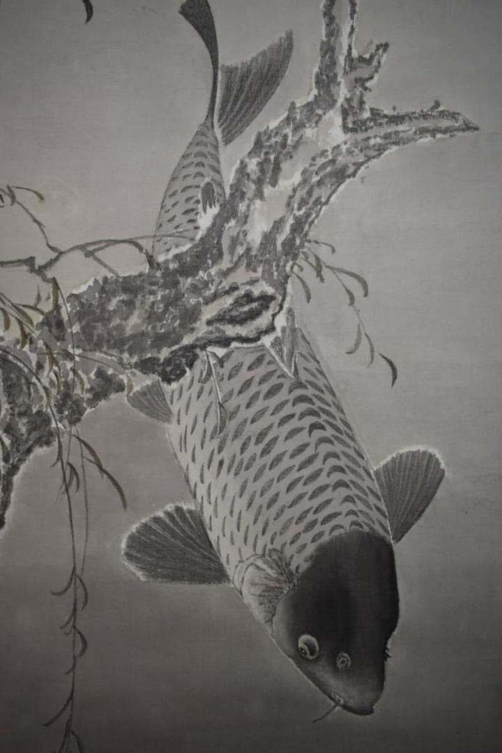 真作/谷口渓雲/柳に遊鯉図/鯉/桐共箱付/布袋屋