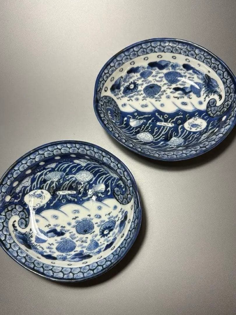 古伊万里　貝尽くし紋様　変形皿　2枚セット　染付皿