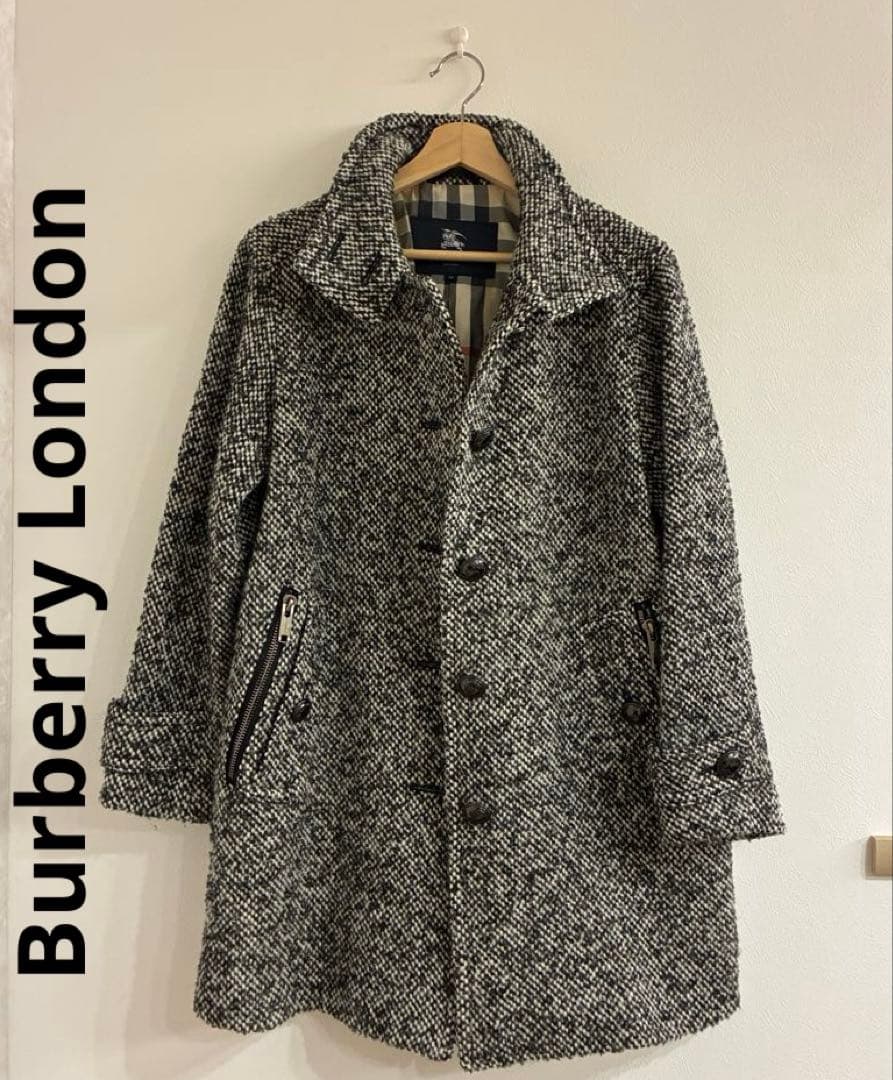 Burberry バーバリーロンドン ツイードコート 黒白 ロゴボタン38サイズ