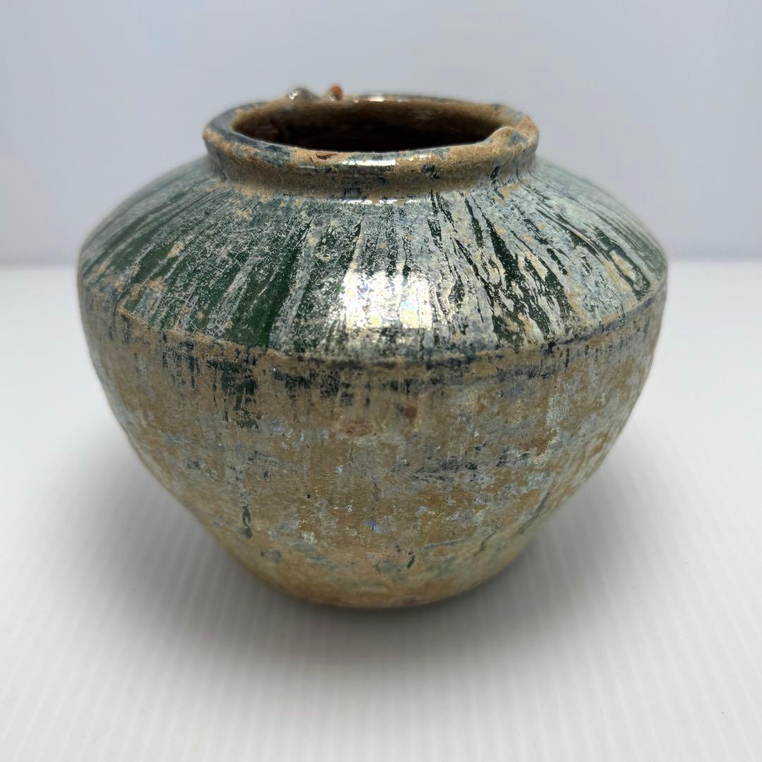 希少 中国 漢時代 漢緑釉 銀化小壺 壺 共箱付 土