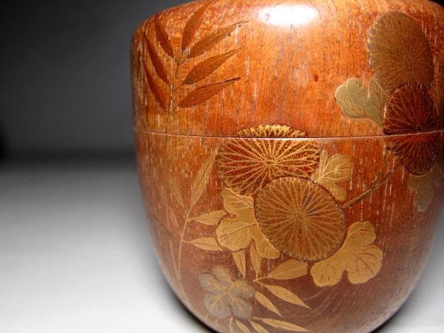 輪島塗 山下春甫造 梨地四君子蒔絵中棗 共箱 高さ約7㎝ 東Y8-0106☆2F