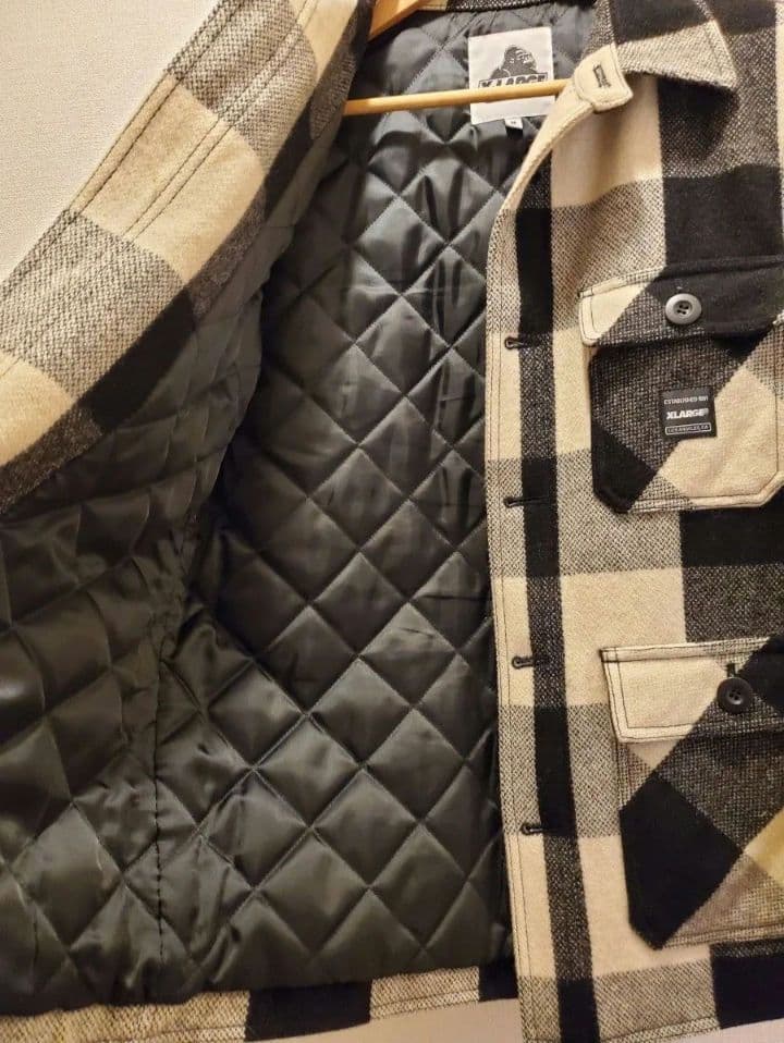 エクストララージ ジャケット アウター ウール モノクロ チェック柄 中綿