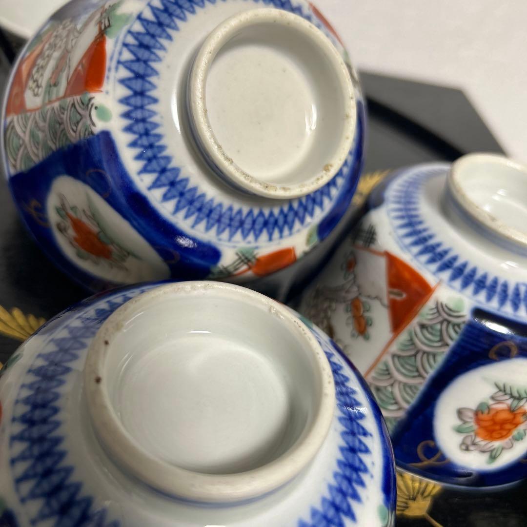 骨董品 古伊万里 月弓 金彩染錦窓絵 青海波紋 蓋付鉢 丼茶碗 有田焼