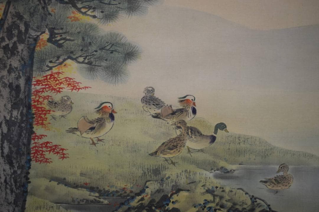 真作/分部五鈴/紅葉鴛鴦図/オシドリ図/桐共箱付/布袋屋掛軸HF-952