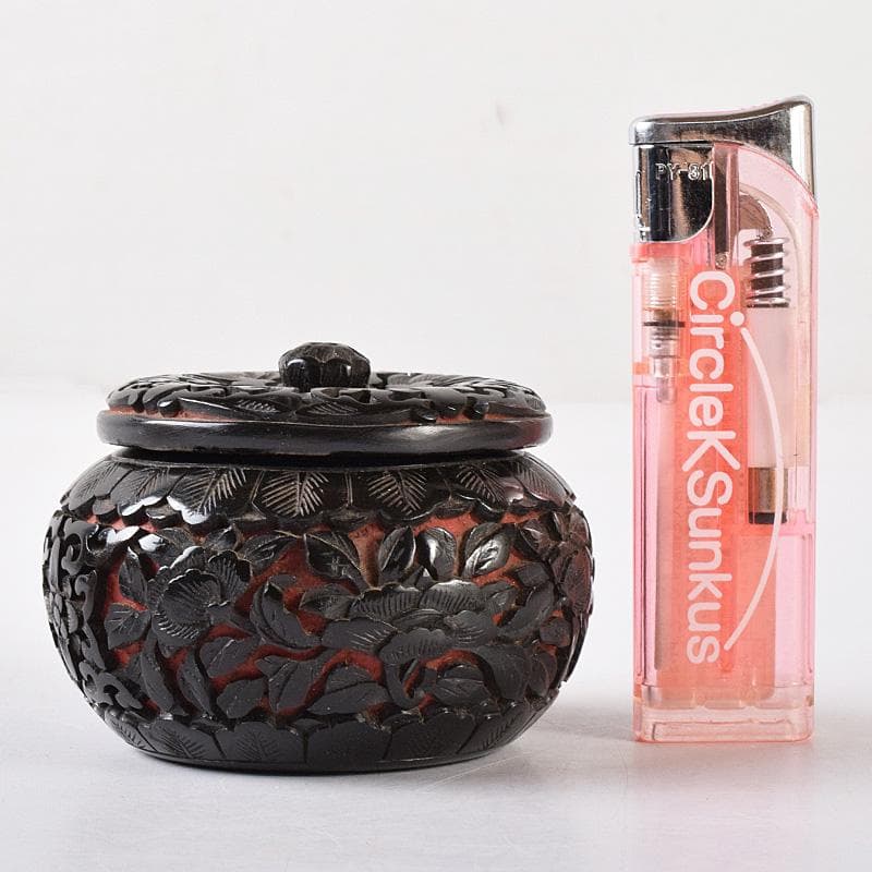 中国　堆朱　堆黒 　花文　蓋物　仕覆付　V　R8261