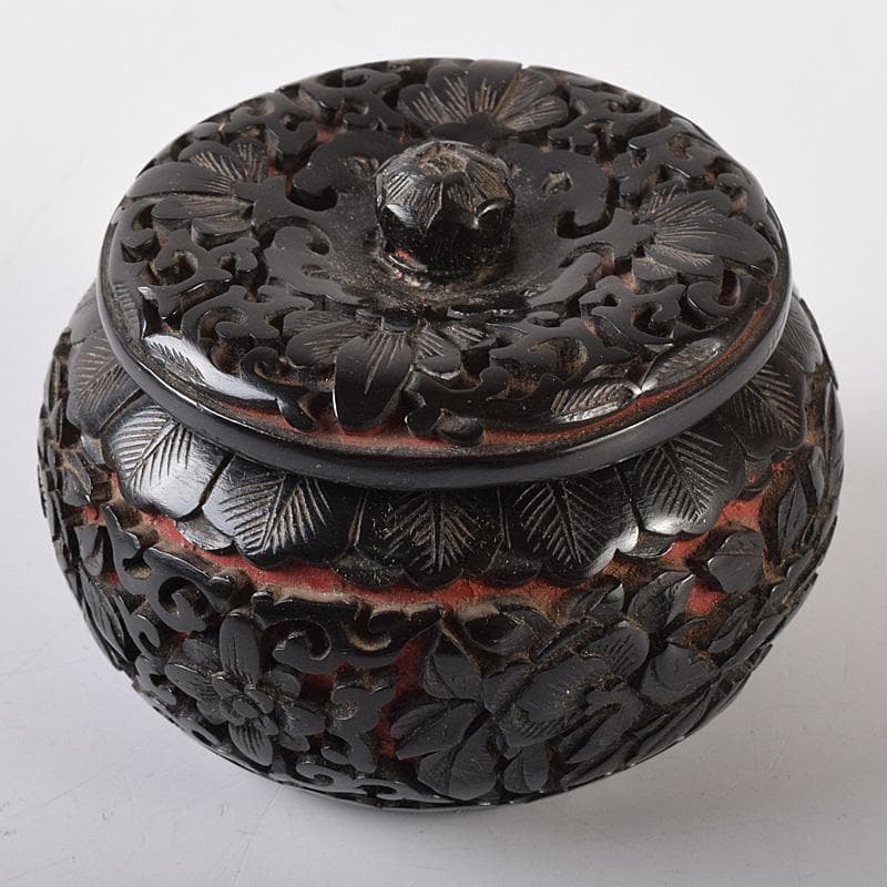 中国　堆朱　堆黒 　花文　蓋物　仕覆付　V　R8261