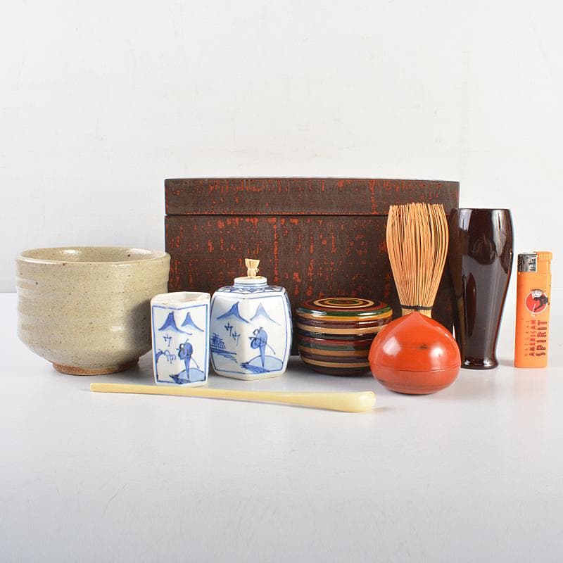 茶道具 利休茶箱 茶碗 平安春峰作 振出など 八点 一式 仕覆付 V R7509