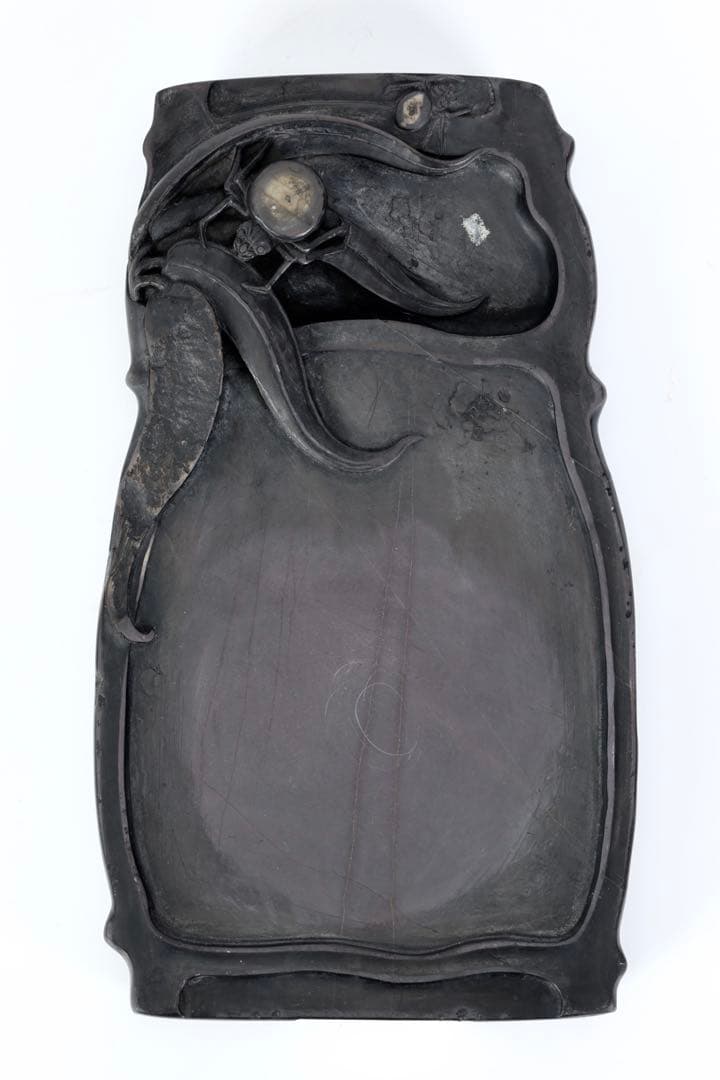 時代物 端渓硯 坑仔岩 蜘蛛紋竹形硯 唐木箱付 書道具