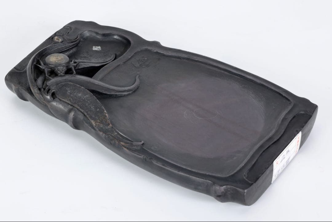 時代物 端渓硯 坑仔岩 蜘蛛紋竹形硯 唐木箱付 書道具