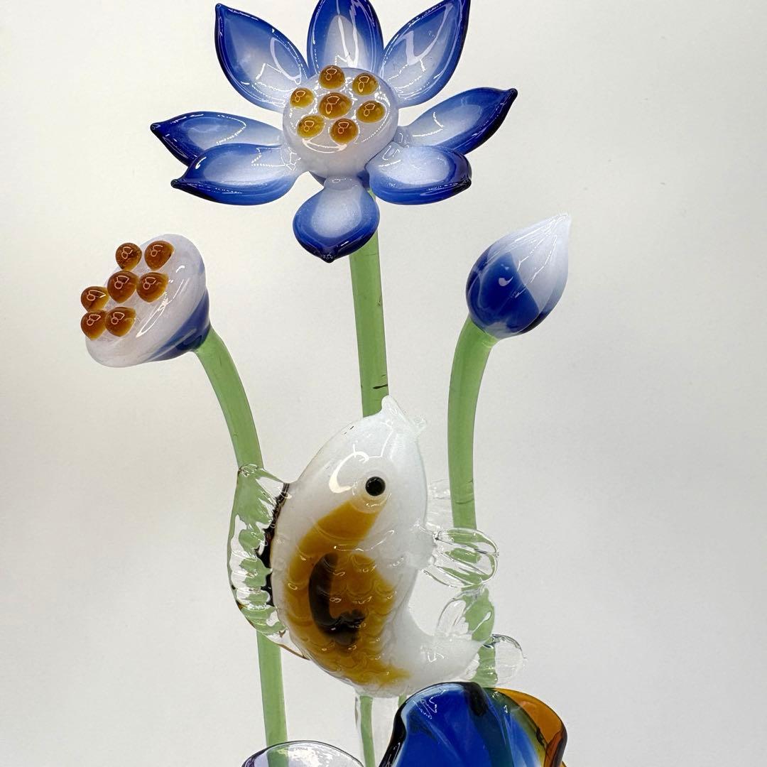一点モノ 蓮（ハス）の花と鯉 オブジェ ガラス工芸 インテリア 置物