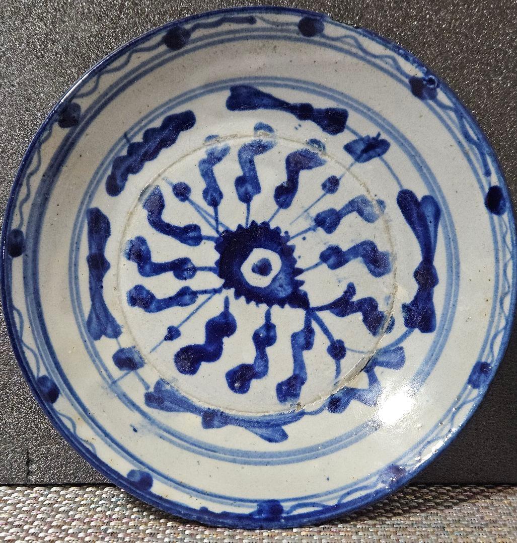 中国古陶磁器 明朝末～清朝 中国南方系 青華古染付 幾何学文径15.0cm皿