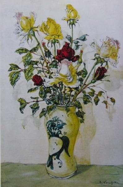 藤田嗣治、「Bouquets de roses」、希少画集の額装画、人気作品