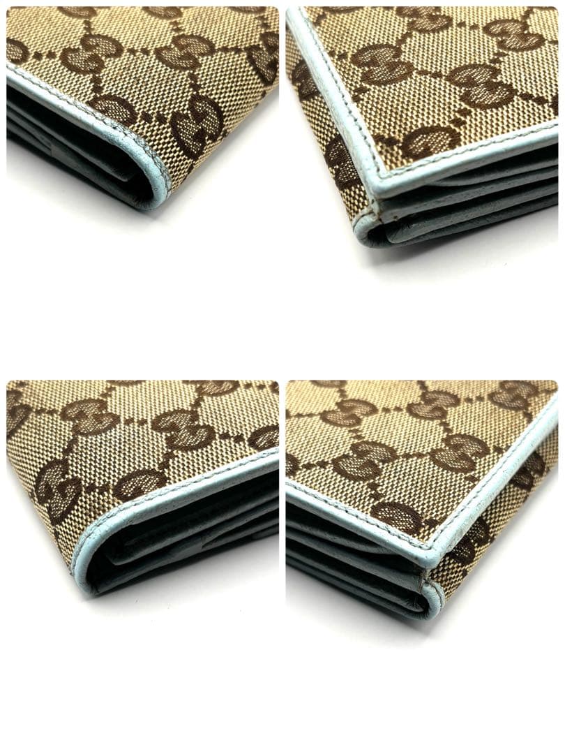 グッチ 長財布 GGキャンバス ロゴプレート 折り財布 Wフラップ ブルー