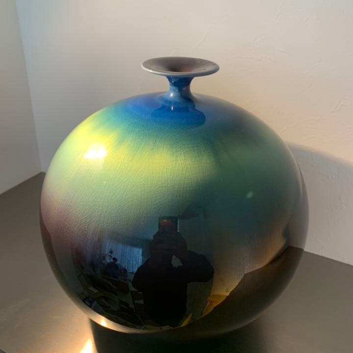 九谷焼 人間国宝 三代 徳田八十吉 (徳田正彦)「碧明釉壷」26cm 共布共