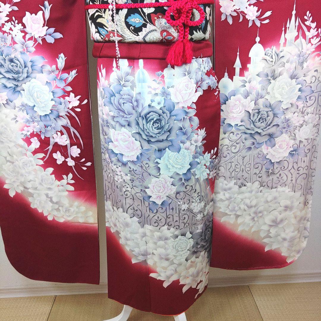 格安！振袖フルセット9点成人式結婚式前撮りえんじ色赤バラ