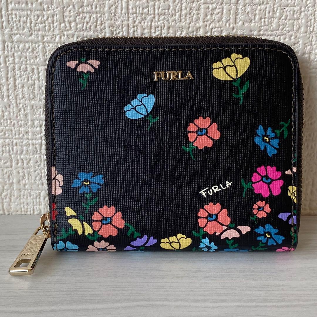 新品 FURLA フルラ 花柄 二つ折り ウォレット 財布 袋 箱付き ブラック