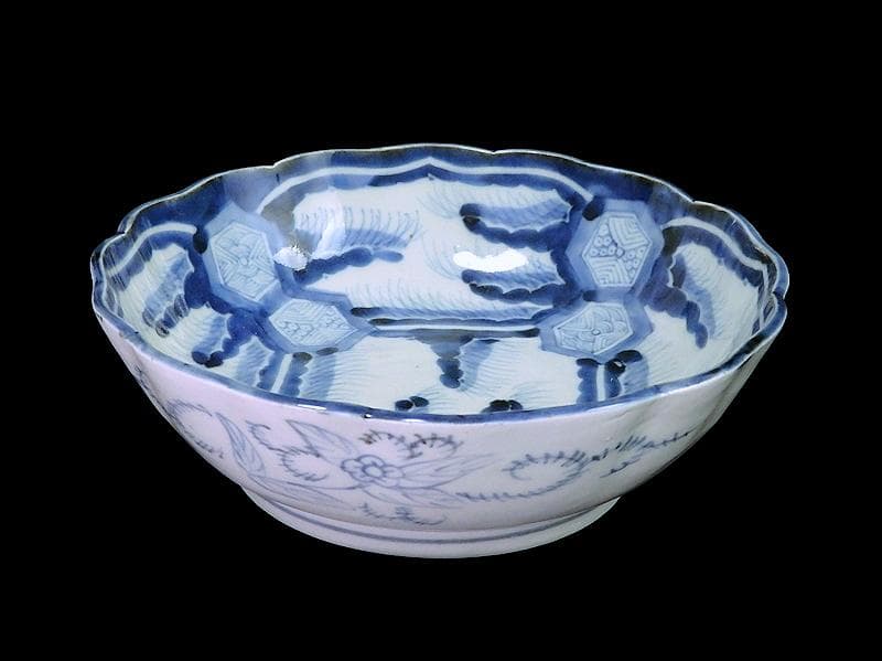 古伊万里　染付　亀甲紋に草花紋の図 膾皿　江戸期　D568AS-fbsx