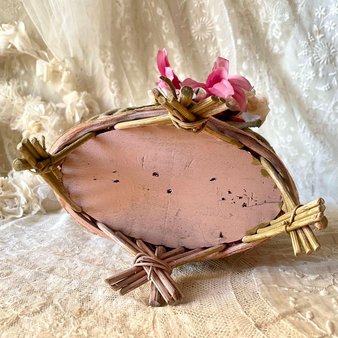 布花付きピンクドールパニエ フランスアンティーク かごカゴ籠