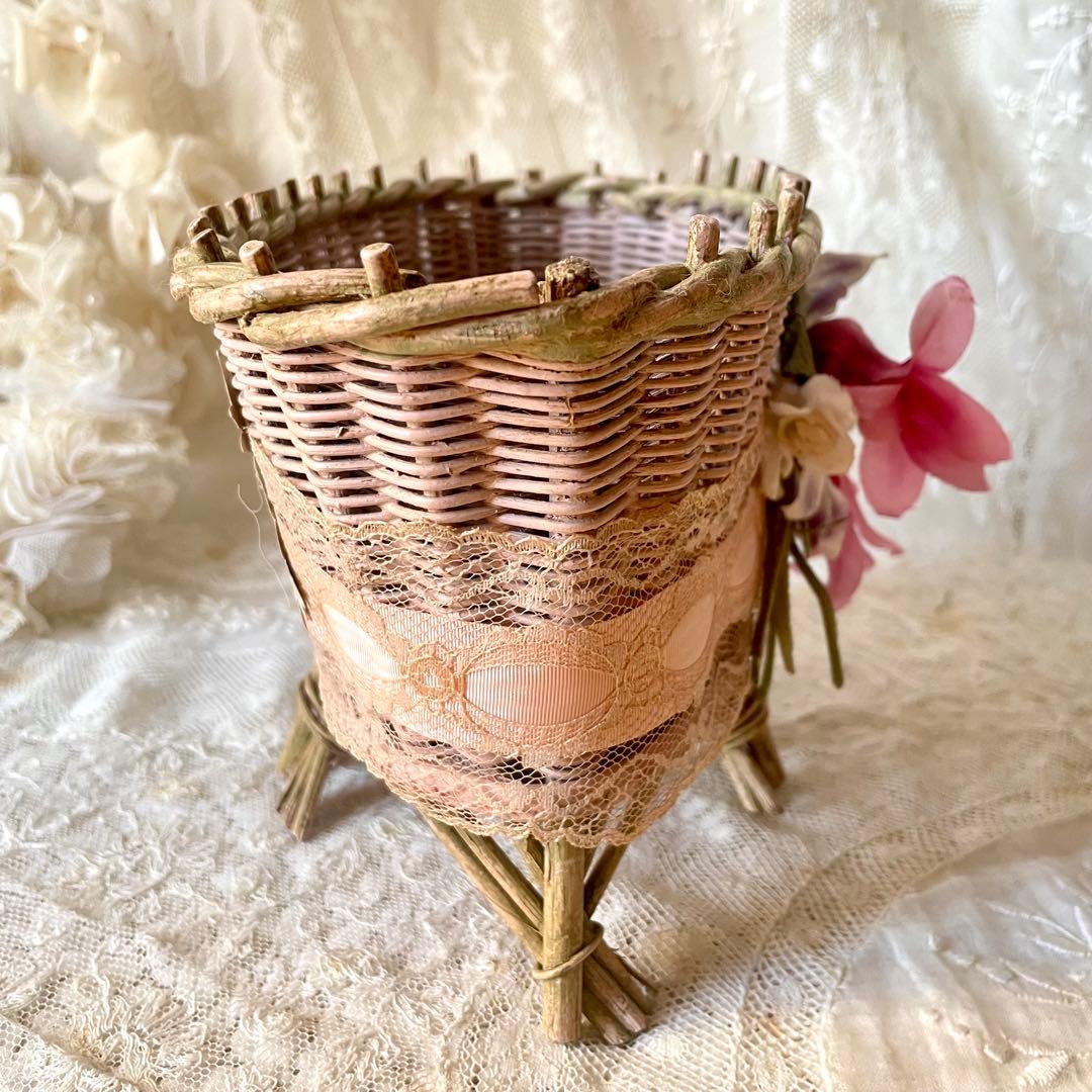 布花付きピンクドールパニエ フランスアンティーク かごカゴ籠