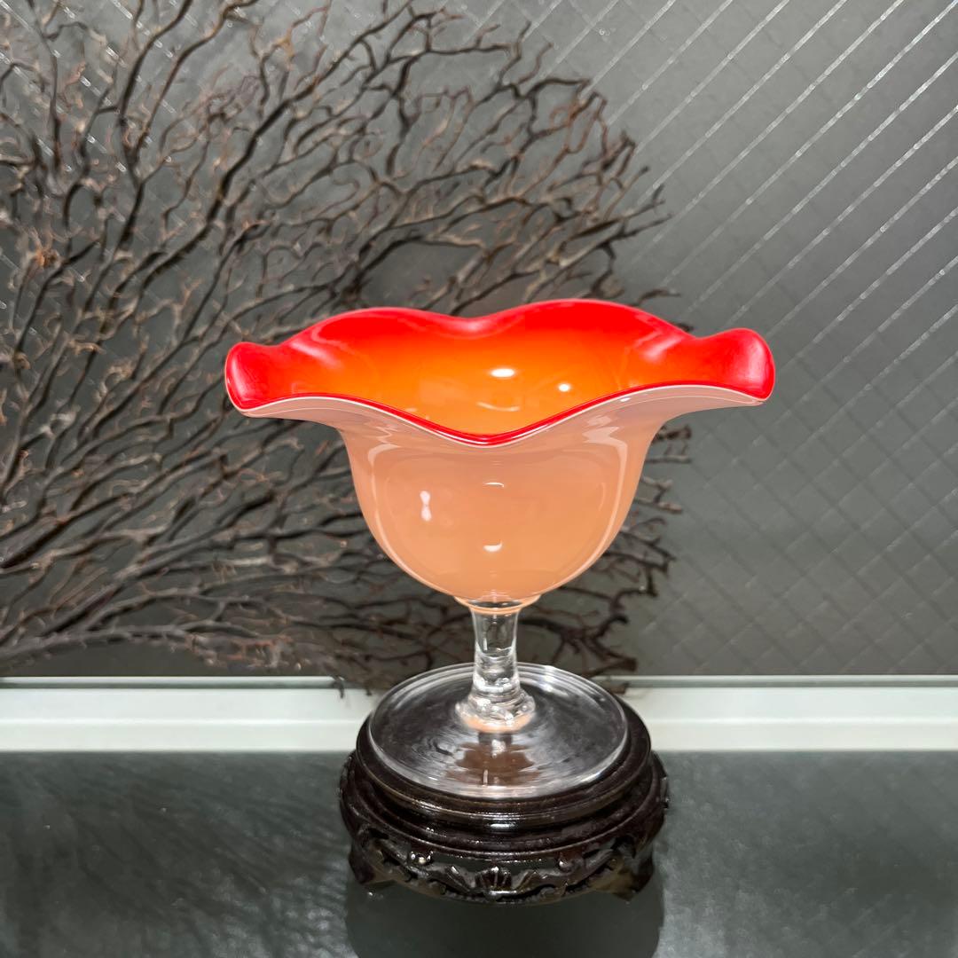 骨董 時代 2色バイカラーフリル 乳白色ガラス 橙色 脚付コンポート 菓子器