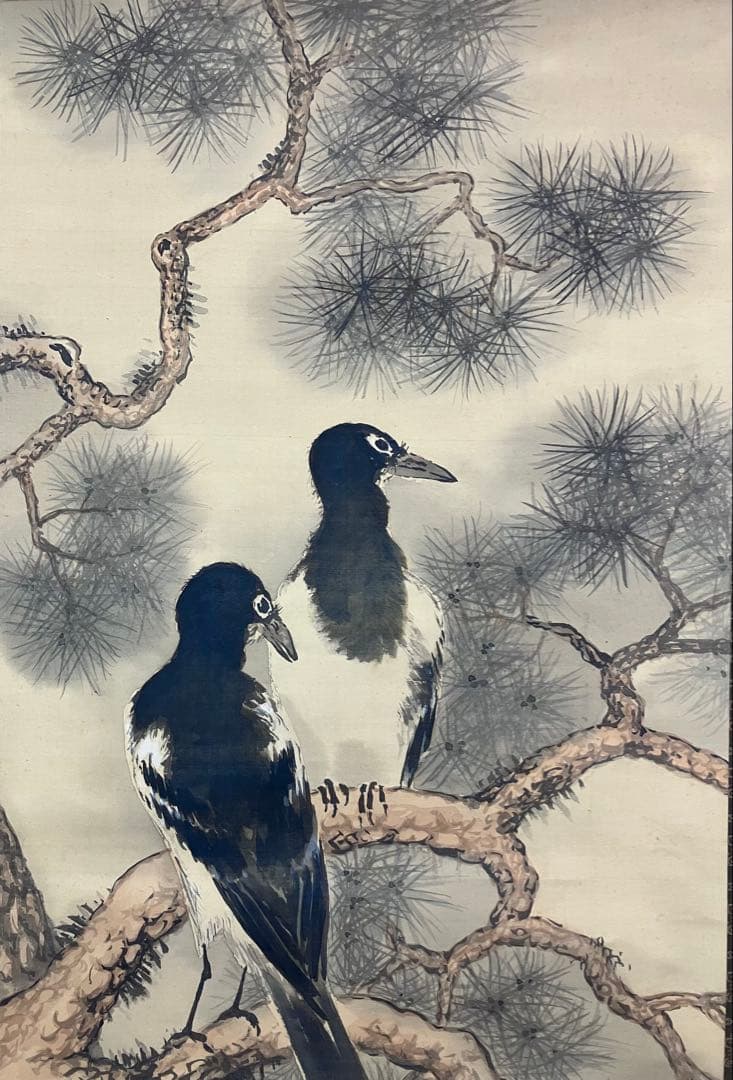 山下仙谷【花鳥 図】絹本　掛軸（箱破損）(検索ワード：渡辺崋山)