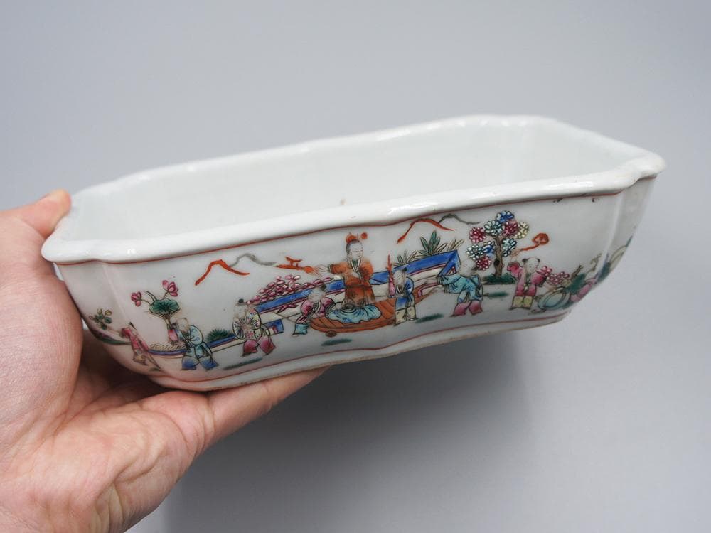 瓷】 ☆ 瓷器 粉彩唐子紋水仙鉢 ☆ 清朝期 花卉 果物 手描