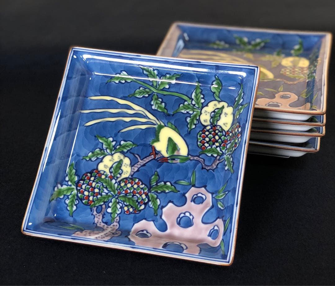 《レ》有田焼 染錦古代花鳥 銘々皿5客 源右衛門作 共箱 251127お1