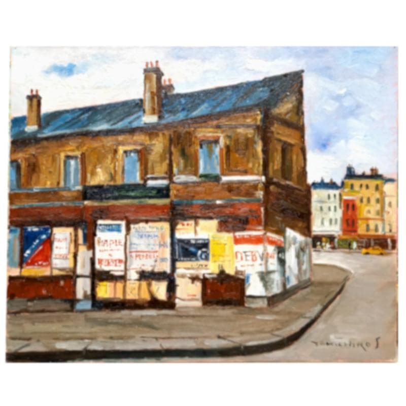 ☆佐伯 与吉郎☆「ポスターのある街角の家」油絵F８号　未使用額！