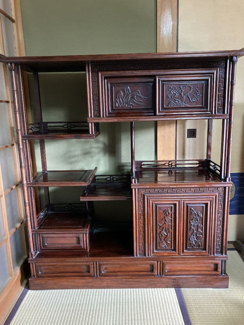 希少】紫檀茶箪笥 飾り棚 透かし彫 清代 違い棚 アンティー