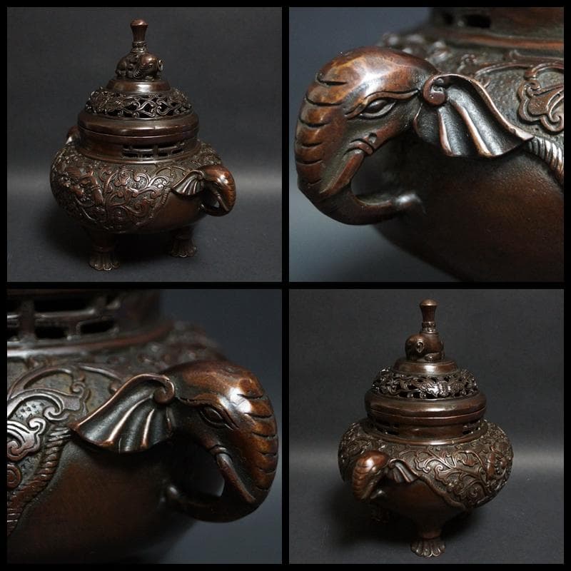 乾隆年製 銅製 金工細工『獅子文』香炉 象摘 象双耳 透かし蓋 三足香炉