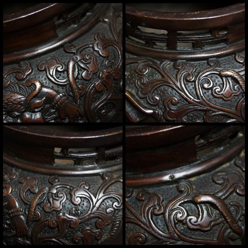 乾隆年製 銅製 金工細工『獅子文』香炉 象摘 象双耳 透かし蓋 三足香炉