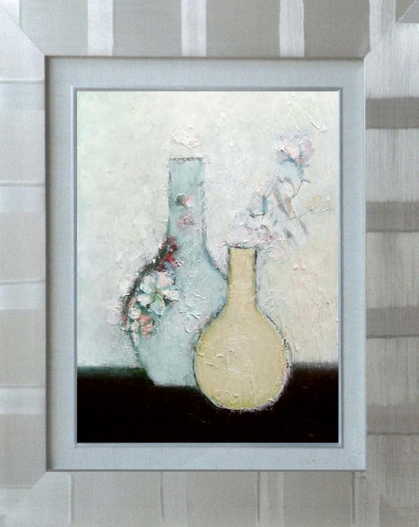 油絵 菅家令子 絵 絵画インテリア額付(青緑＋金色の枠)uF6-111102